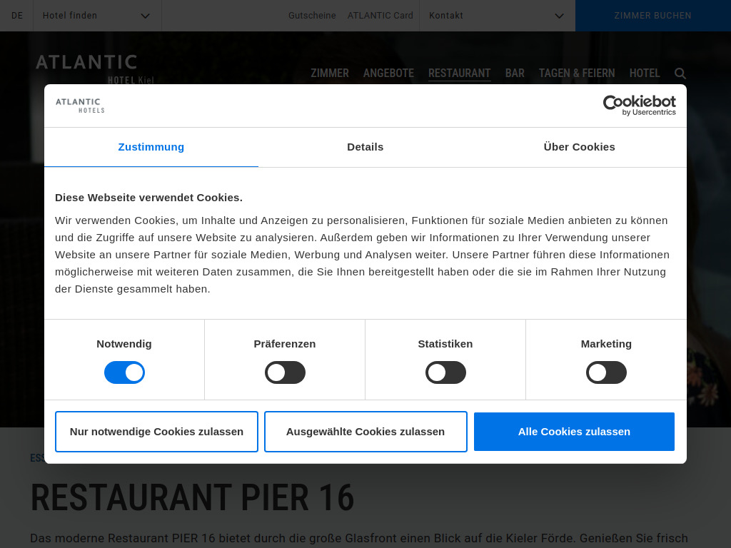 Website von Restaurant PIER 16 - ATLANTIC Hotel Kiel in Kiel