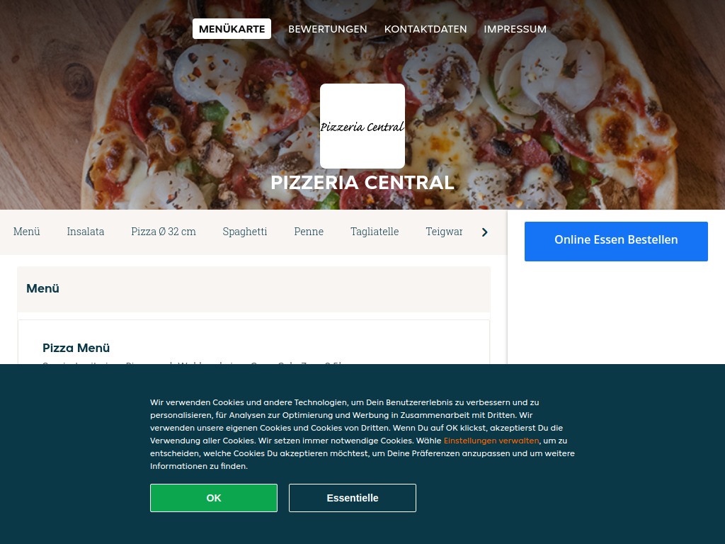 Website von Pizzeria Central - Essen online bestellen in Frenkendorf in Frenkendorf