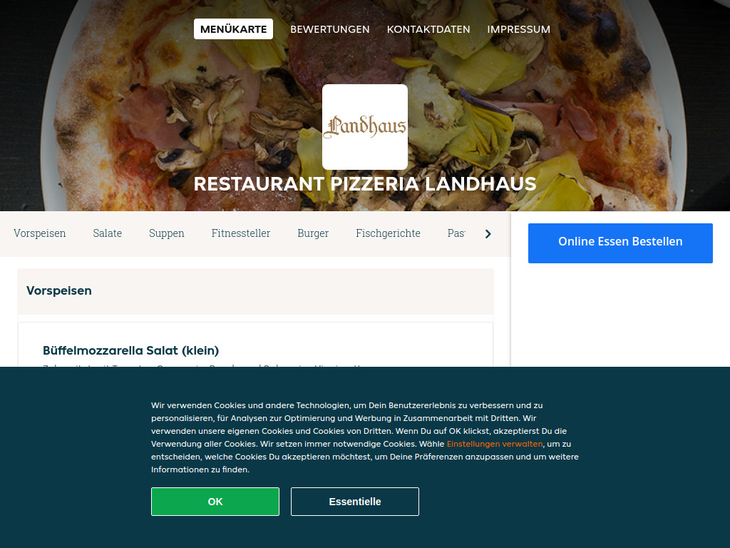 Website von Restaurant Pizzeria Landhaus - Essen online bestellen in Unterseen in Unterseen