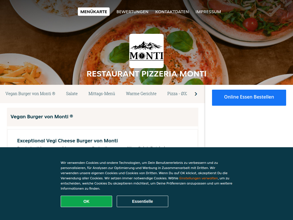 Website von Restaurant Pizzeria Monti - Essen online bestellen in Zürich