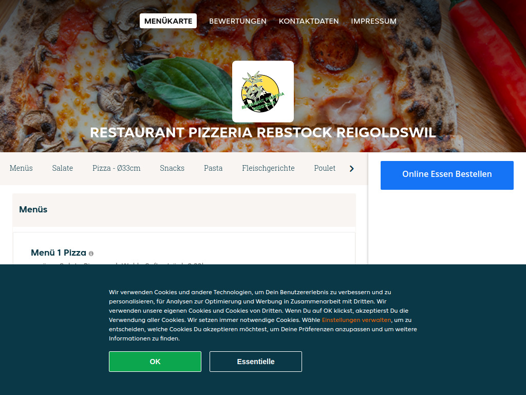 Website von Restaurant Pizzeria Rebstock in Reigoldswil