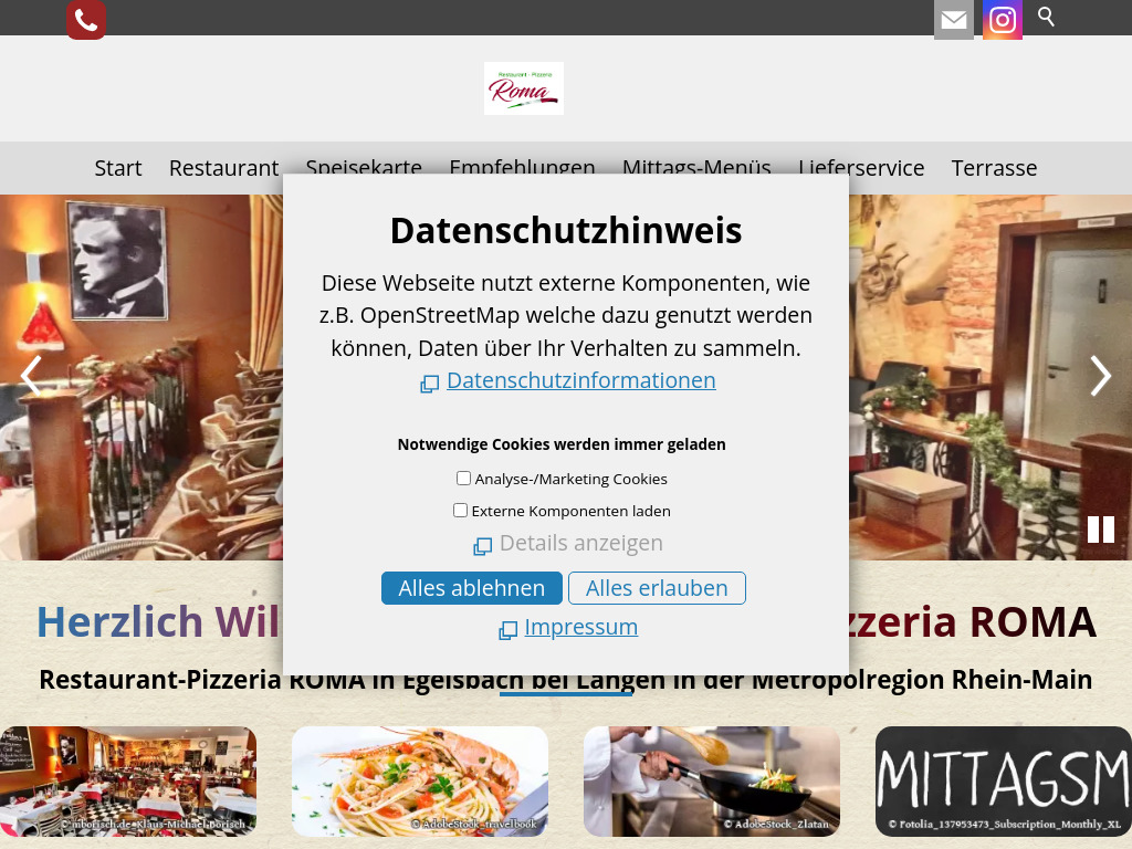 Website von Restaurant-Pizzeria ROMA in Egelsbach