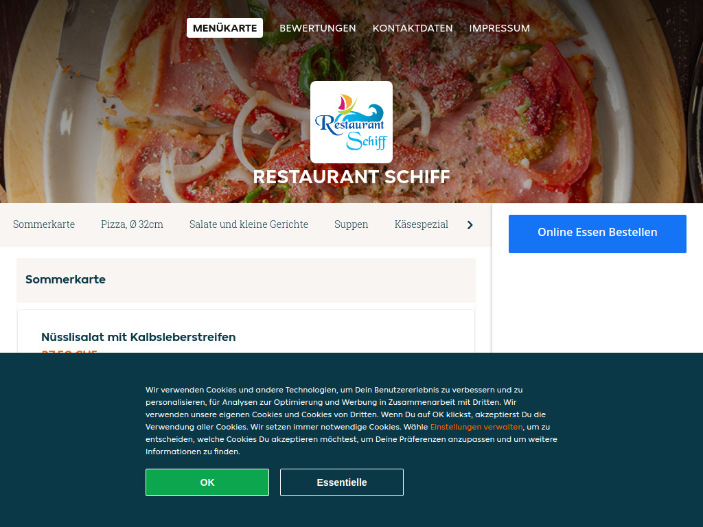 Website von Restaurant Schiff - Essen online bestellen in Basel
