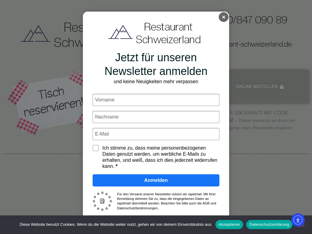 Website von Restaurant Schweizerland in Berlin
