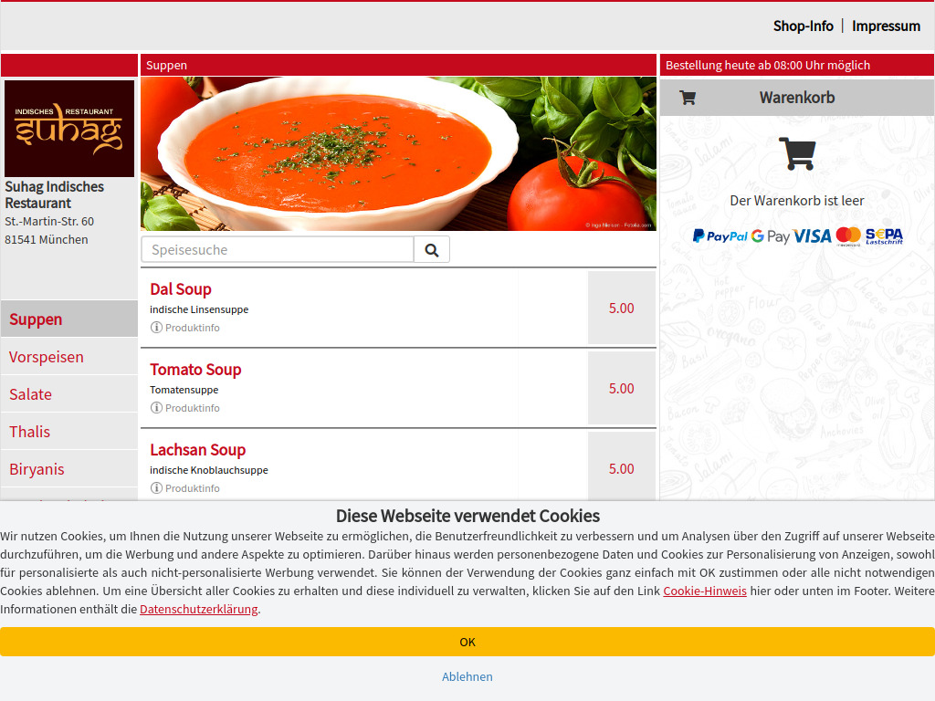Website von Suhag Indisches Restaurant in München