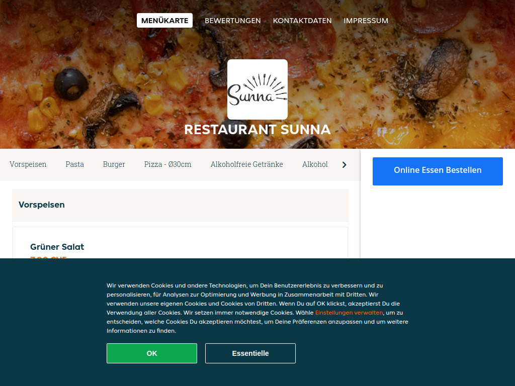 Website von Restaurant Sunna - Essen online bestellen in Visp in Visp