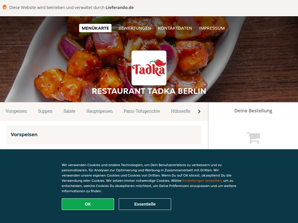 Website von Restaurant Tadka Berlin - Essen online bestellen in Berlin in Berlin