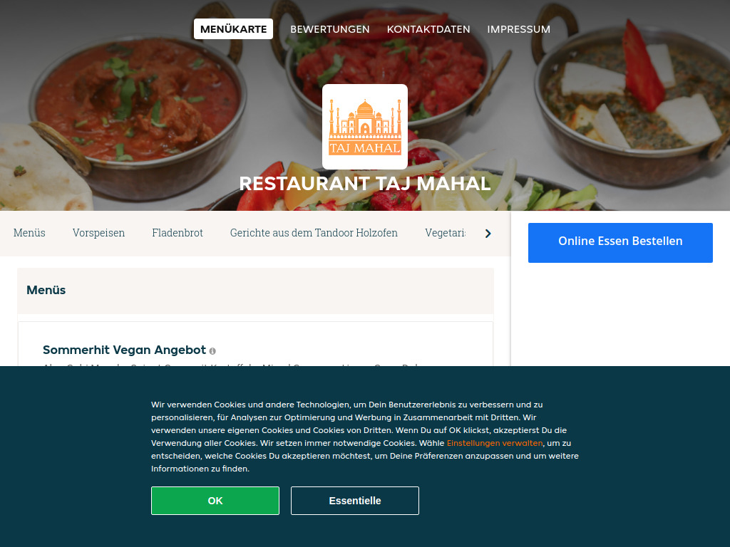 Website von Restaurant Taj Mahal - Essen online bestellen in Ennetbaden in Ennetbaden