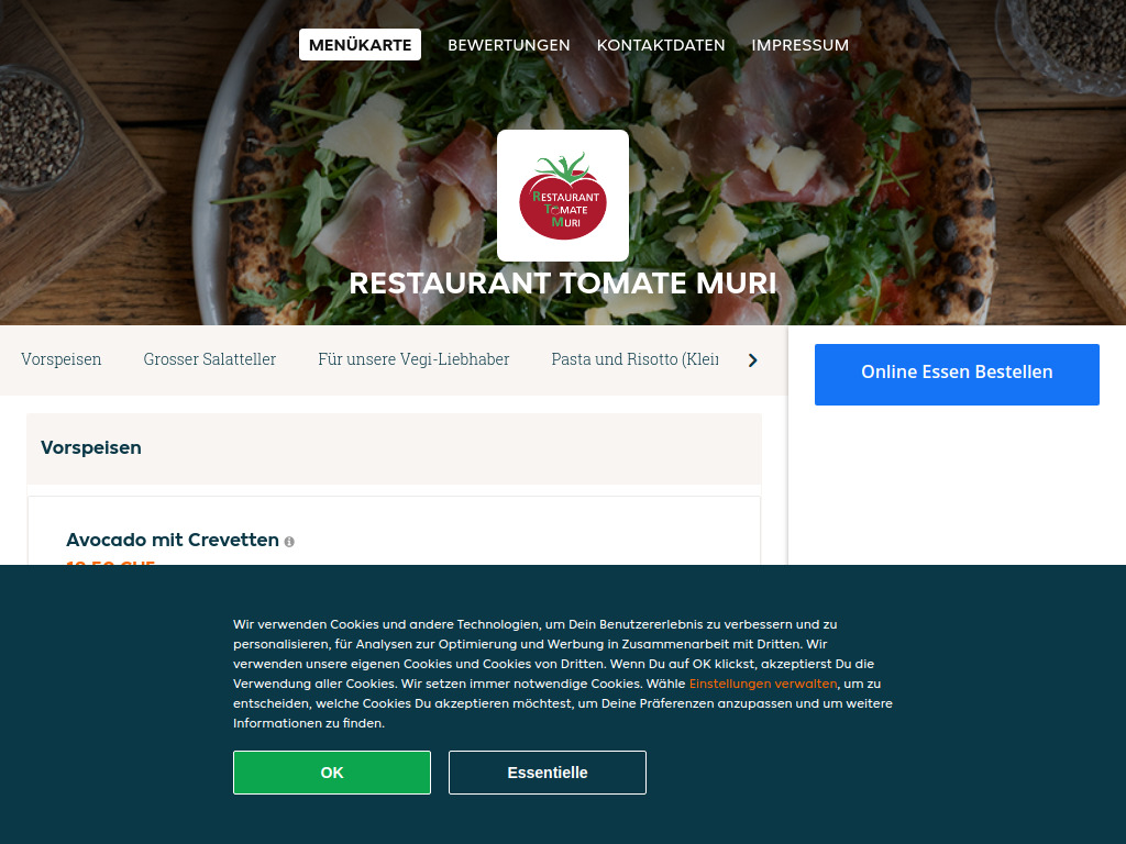 Website von Restaurant Tomate Muri - Essen online bestellen in Muri in Muri