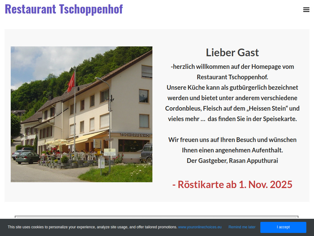 Website von Restaurant Tschoppenhof in Liedertswil