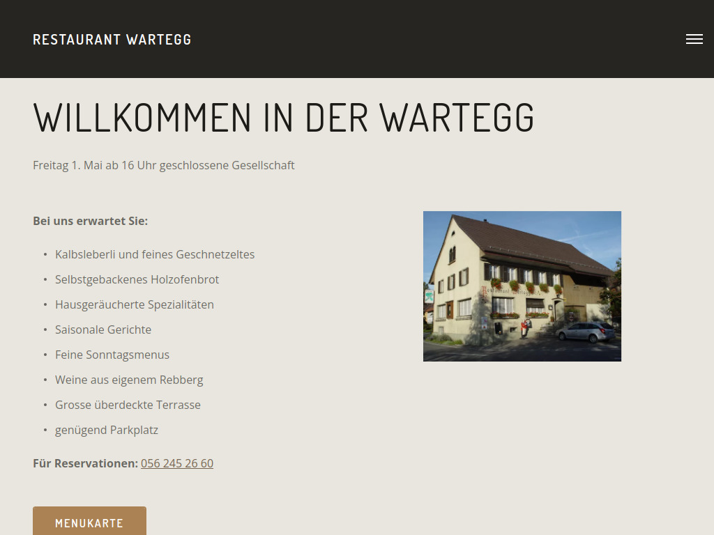 Website von Restaurant Wartegg in Tegerfelden