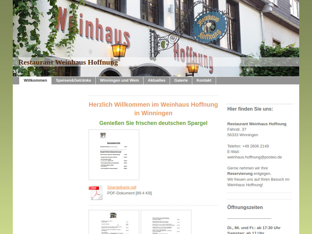 Website von Restaurant Weinhaus Hoffnung in Winningen