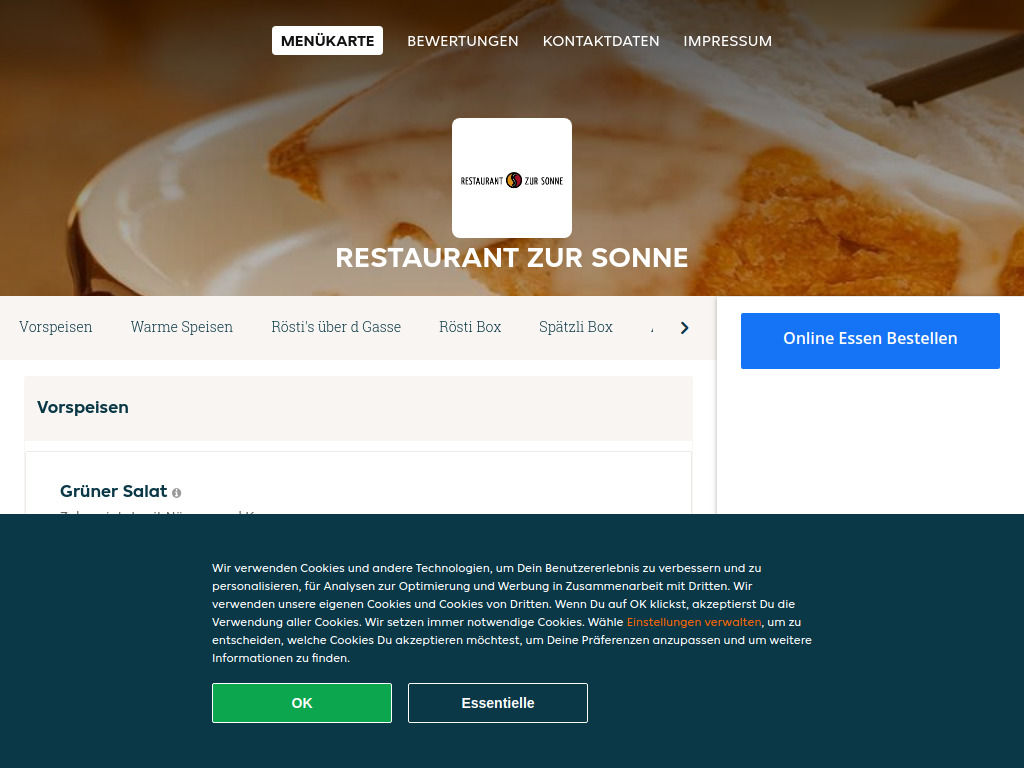 Website von Restaurant zur Sonne - Essen online bestellen in Winterthur in Winterthur