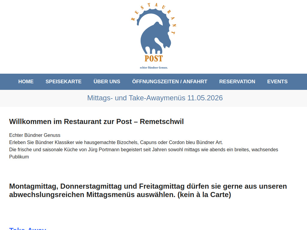 Website von Restaurant zur Post in Remetschwil