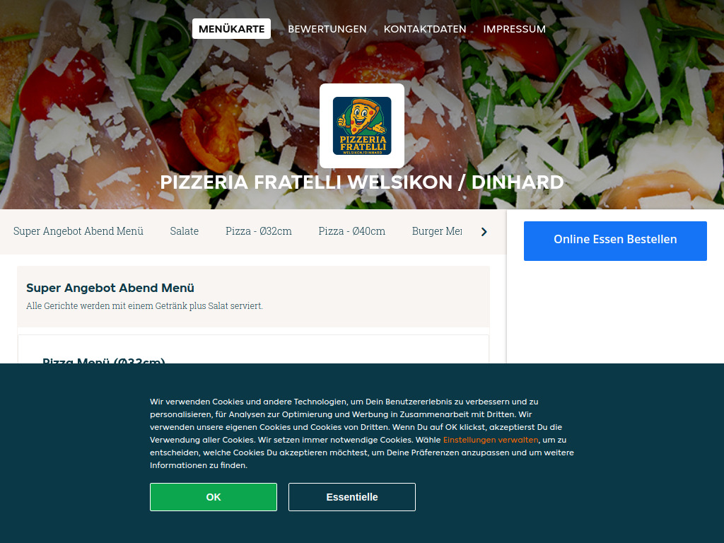 Website von Pizzeria Fratelli Welsikon / Dinhard - Essen online bestellen in Dinhard in Dinhard