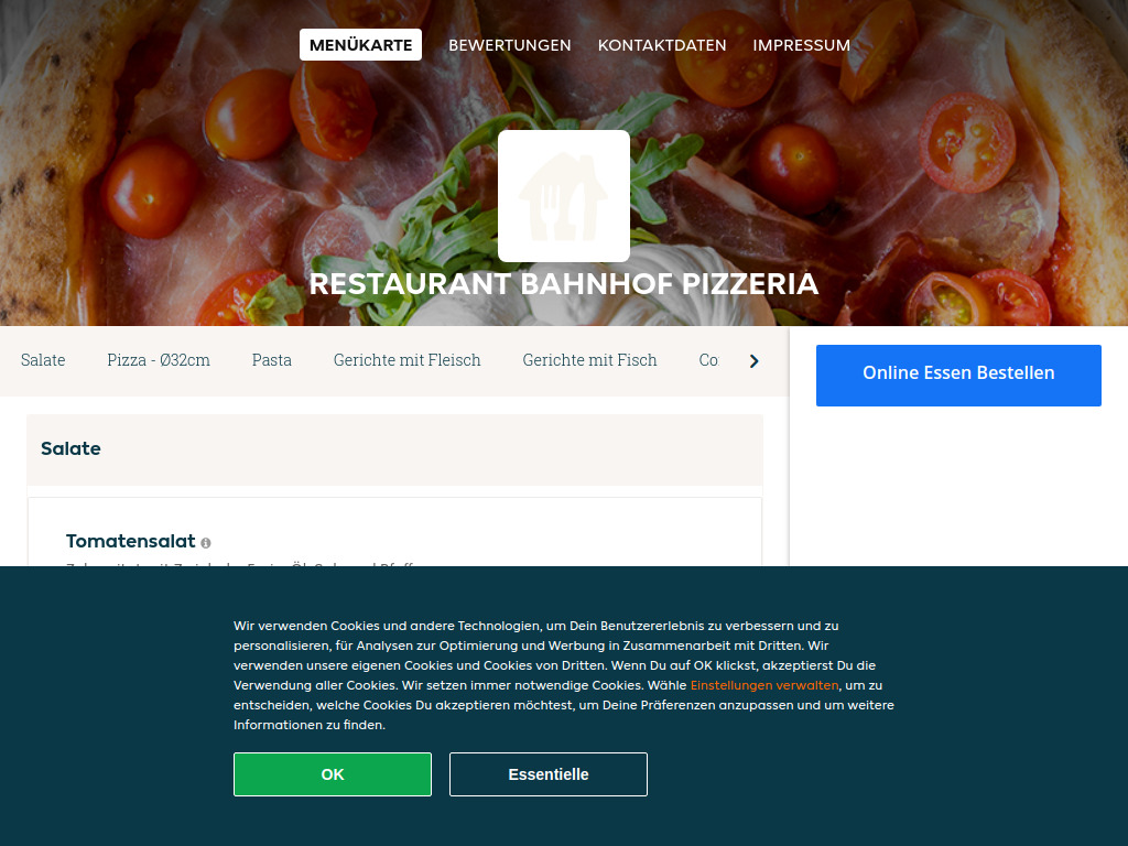 Website von Restaurant Bahnhof Pizzeria - Essen online bestellen in Rodersdorf in Rodersdorf