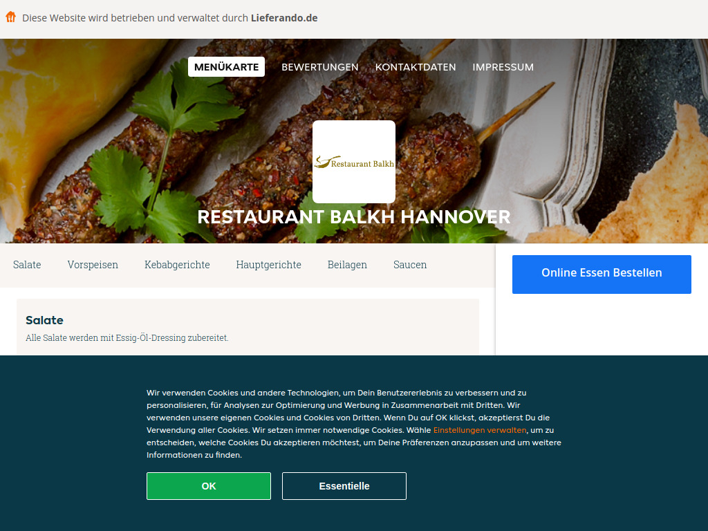 Website von Restaurant Balkh Hannover - Essen online bestellen in Hannover