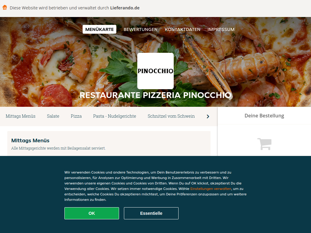 Website von Restaurante Pizzeria Pinocchio - Essen online bestellen in Gummersbach in Gummersbach
