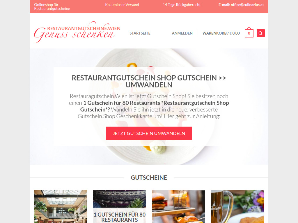 Website von Geschenkgutscheine für Genuss & Essen I Restaurant Gutscheine Wien