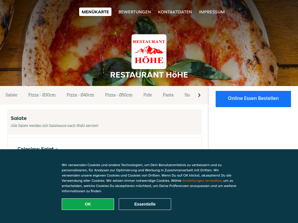 Website von Restaurant Höhe - Essen online bestellen in Bern in Bern