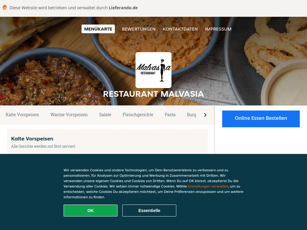 Website von Restaurant Malvasia - Essen online bestellen in Mannheim in Mannheim