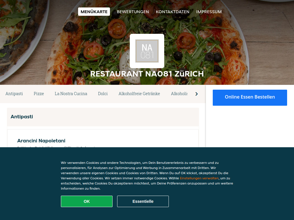 Website von Restaurant NA081 Zürich - Essen online bestellen in Zürich