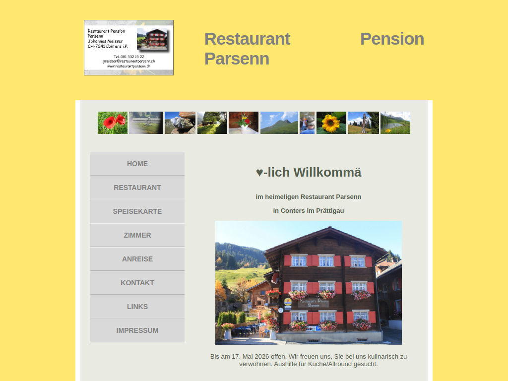 Website von Restaurant Pension Parsenn in Conters im Prättigau