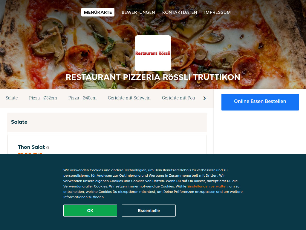 Website von Restaurant Pizzeria Rössli Truttikon - Essen online bestellen in Truttikon in Truttikon