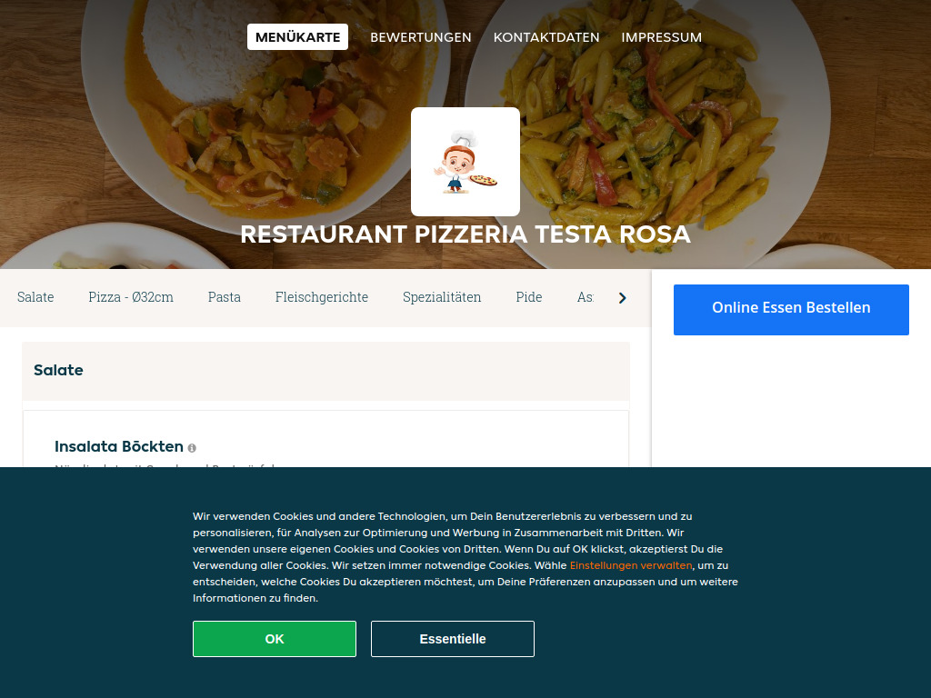 Website von Restaurant Pizzeria Testa Rosa - Essen online bestellen in Böckten in Böckten