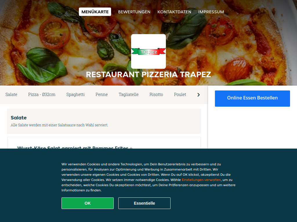 Website von Restaurant Pizzeria Trapez - Essen online bestellen in Reinach in Reinach