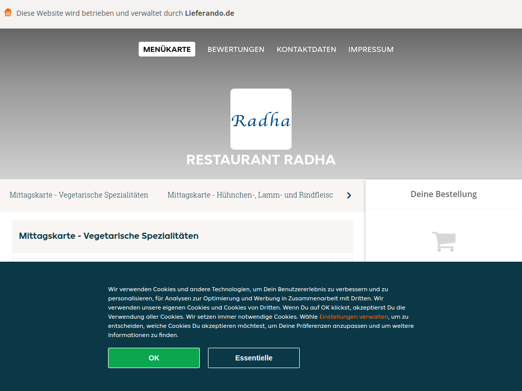 Website von Restaurant Radha - Essen online bestellen in Dachau in Dachau