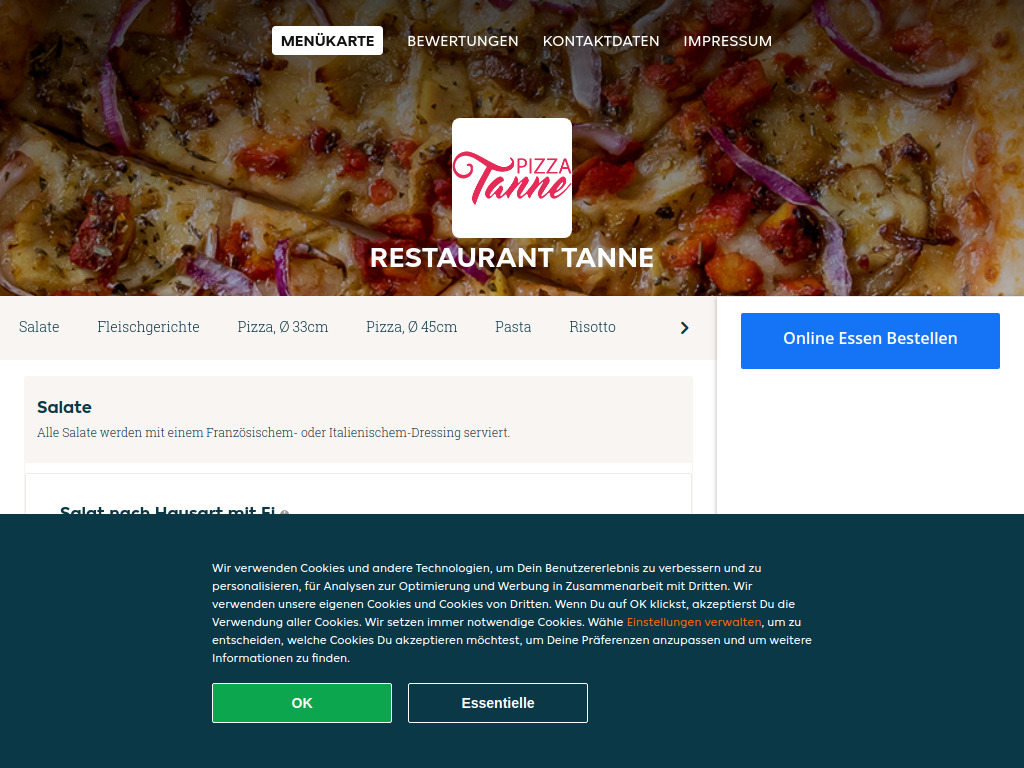 Website von Restaurant Tanne - Essen online bestellen in Ziefen in Ziefen
