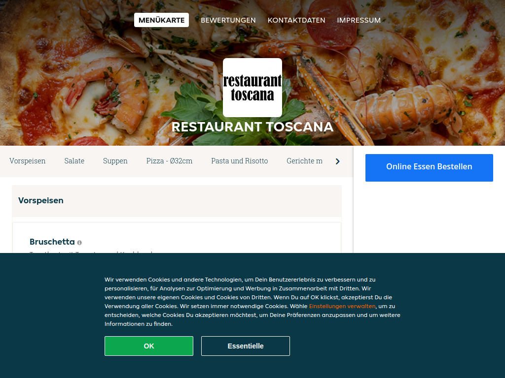 Website von Restaurant Toscana - Essen online bestellen in Luzern