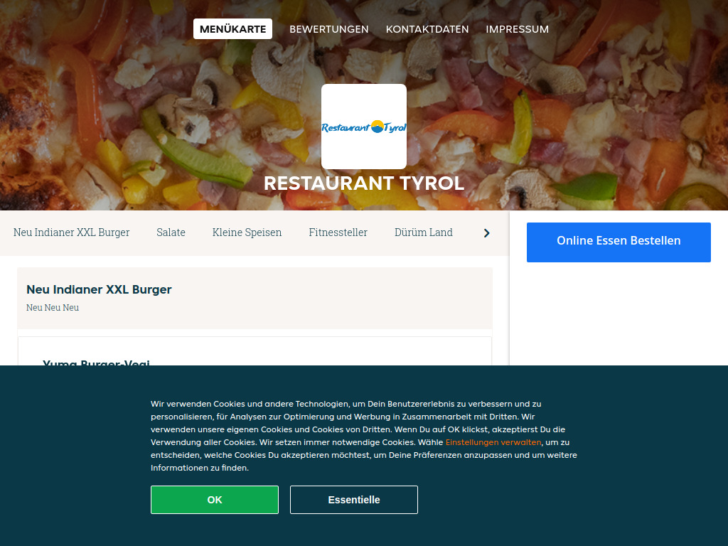 Website von Restaurant Tyrol - Essen online bestellen in Aarwangen in Aarwangen
