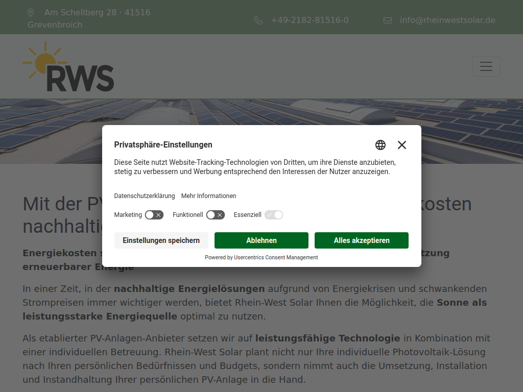 Website von Rhein West Solar GmbH in Grevenbroich