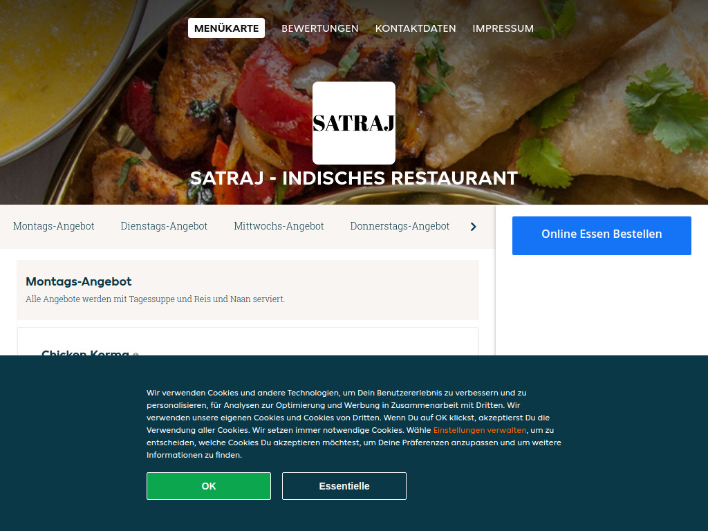 Website von Satraj - Indisches Restaurant - Essen online bestellen in Wien
