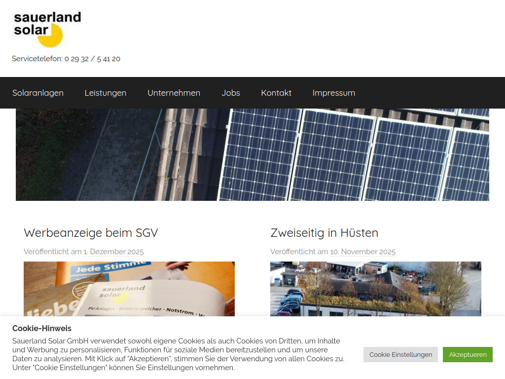 Website von Sauerland Solar GmbH in Arnsberg