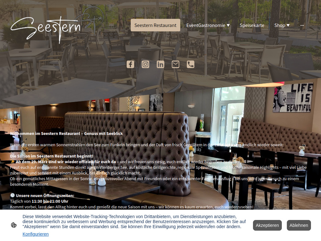 Website von Seestern Restaurant in Großkoschen