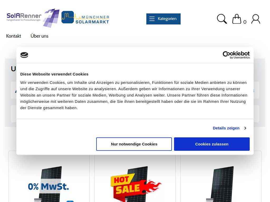 Website von Online-Shop für Photovoltaik Solar-Module, Wechselrichter