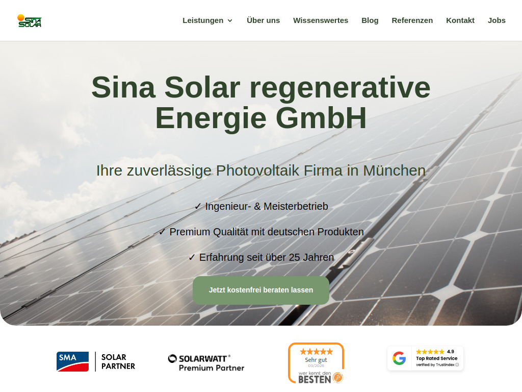 Website von Sina Solar regenerative Energie GmbH in München