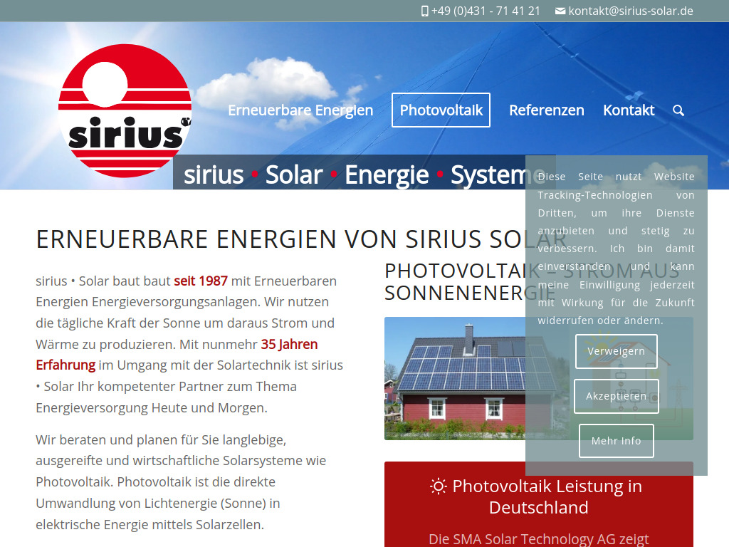 Website von sirius Solar-Energie-Systeme in Kiel-Rönne