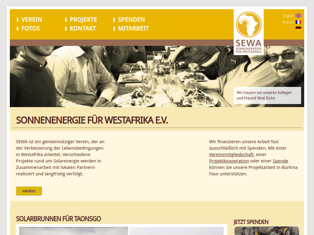 Website von Sonnenenergie für Westafrika e.V. in Nürnberg
