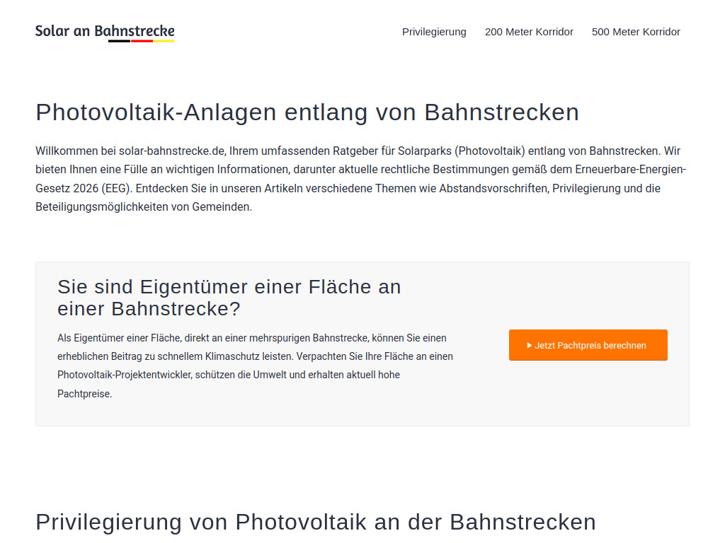 Website von Solar an Bahnstrecke in Meter Korridor für Photovoltaik an mehrspurigen Bahnstrecken