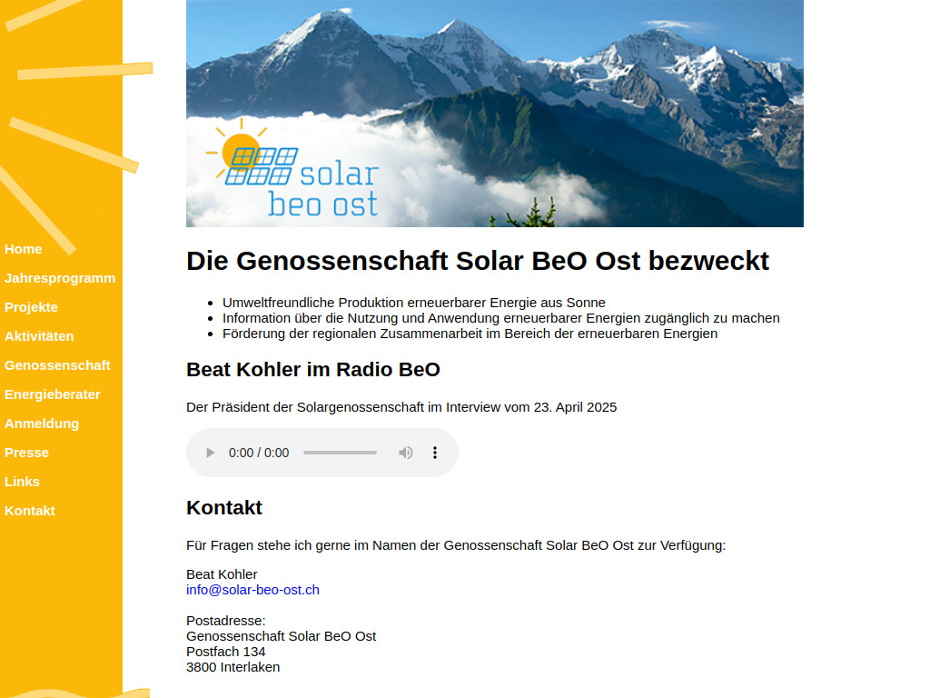 Website von Genossenschaft Solar BeO Ost in Interlaken