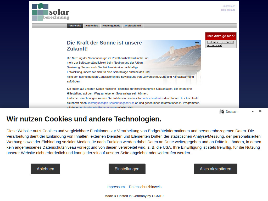 Website von Solarberechnung - Kostenlose Berechnung, Auslegung, Simulation von Solaranlagen in Kandern
