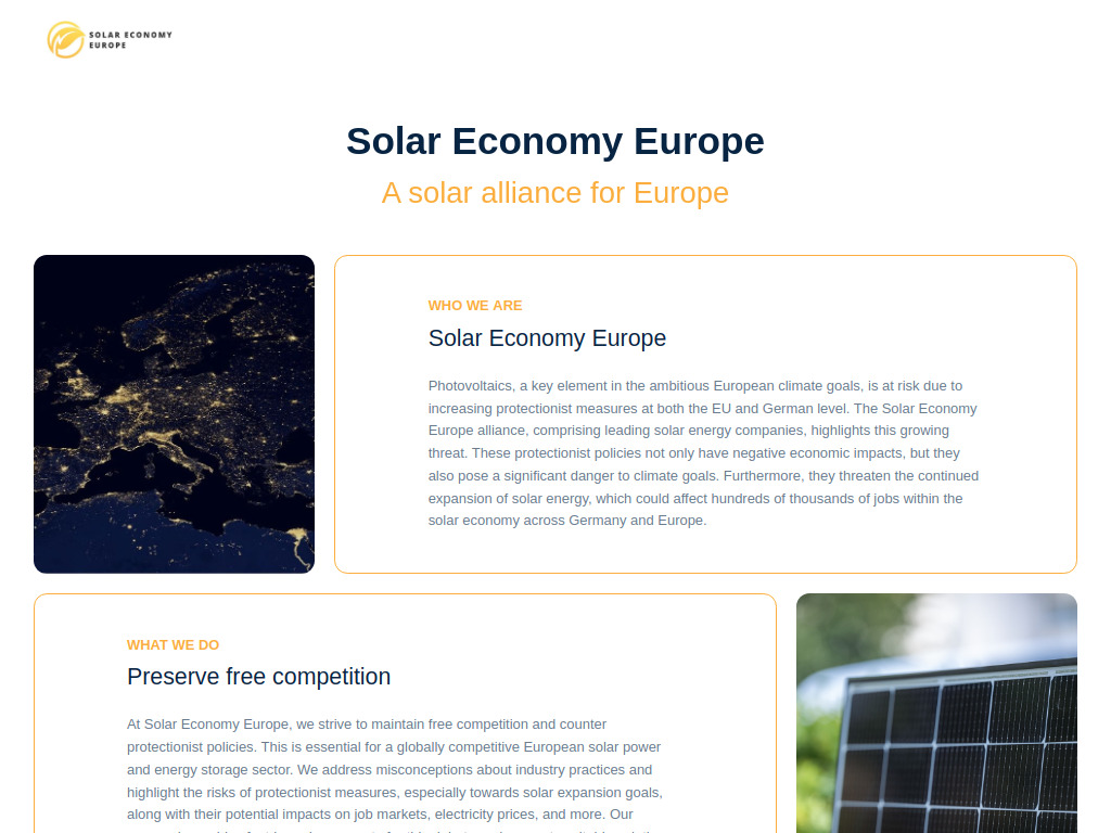 Website von Solar Economy Europe in Berlin