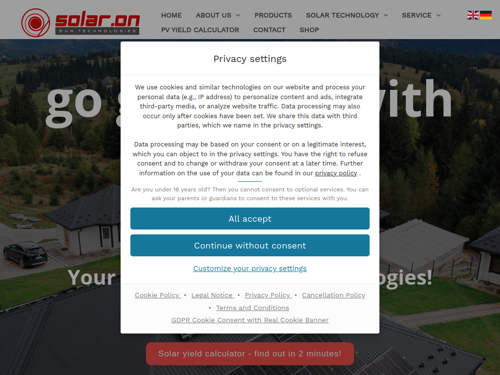 Website von Solar.on Sun Technologies GmbH in Bad Oeynhausen