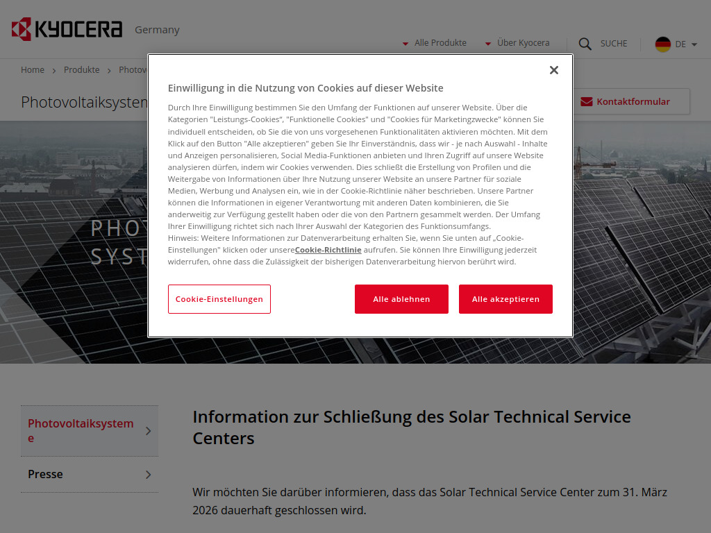 Website von KYOCERA Europe GmbH in Esslingen