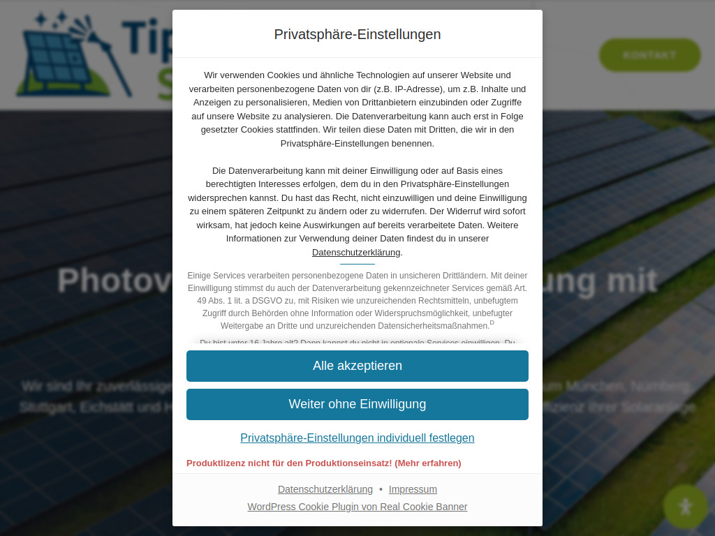 Website von TipTop Solarreinigung in Schernfeld