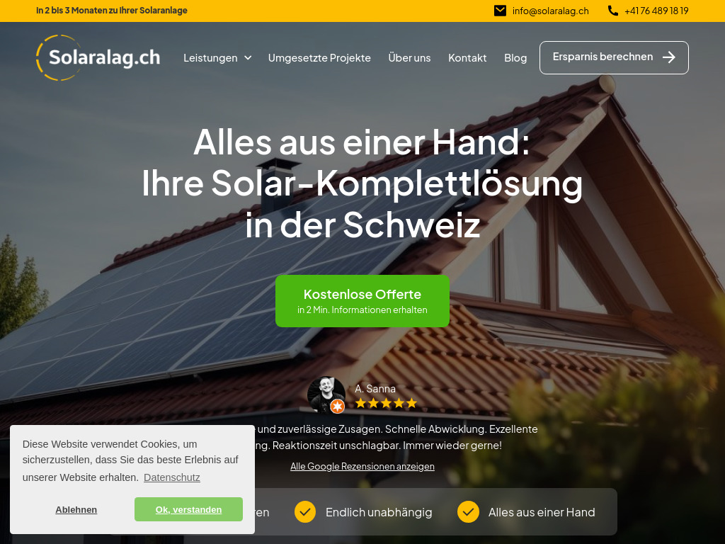 Website von Solaralag.ch in Uitikon Waldegg